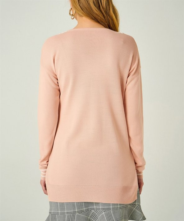 Kadın Pudra V Yaka Şeritli Kazak - 4