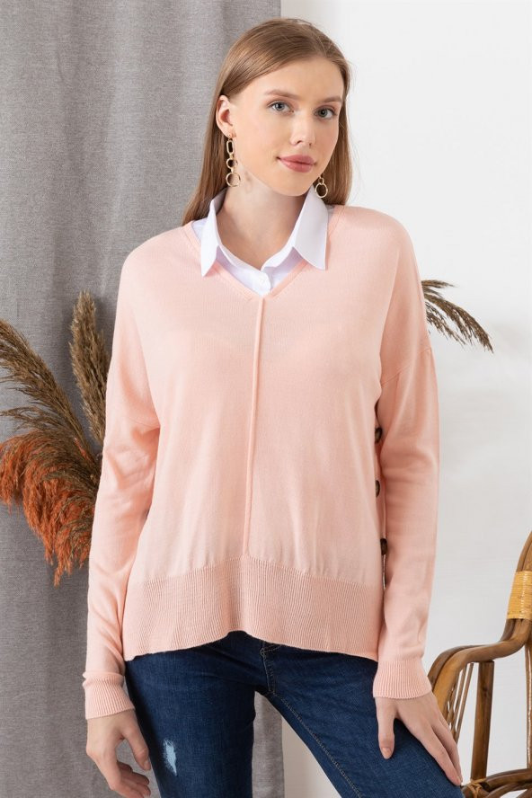 Kadın Pudra Yandan Düğme Detaylı Gömlek Yaka Kazak - 2