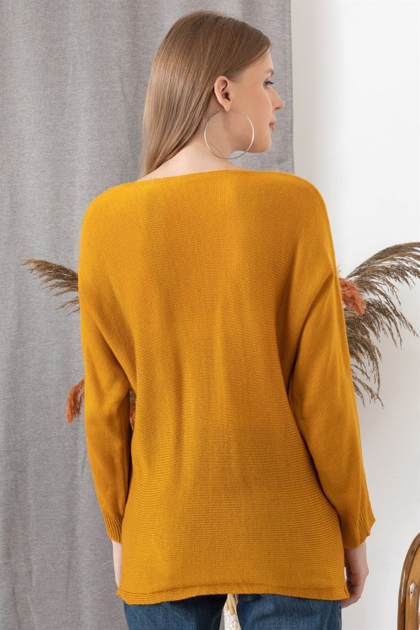 Kadın Hardal V Yaka Üç Bloklu Kazak - 3