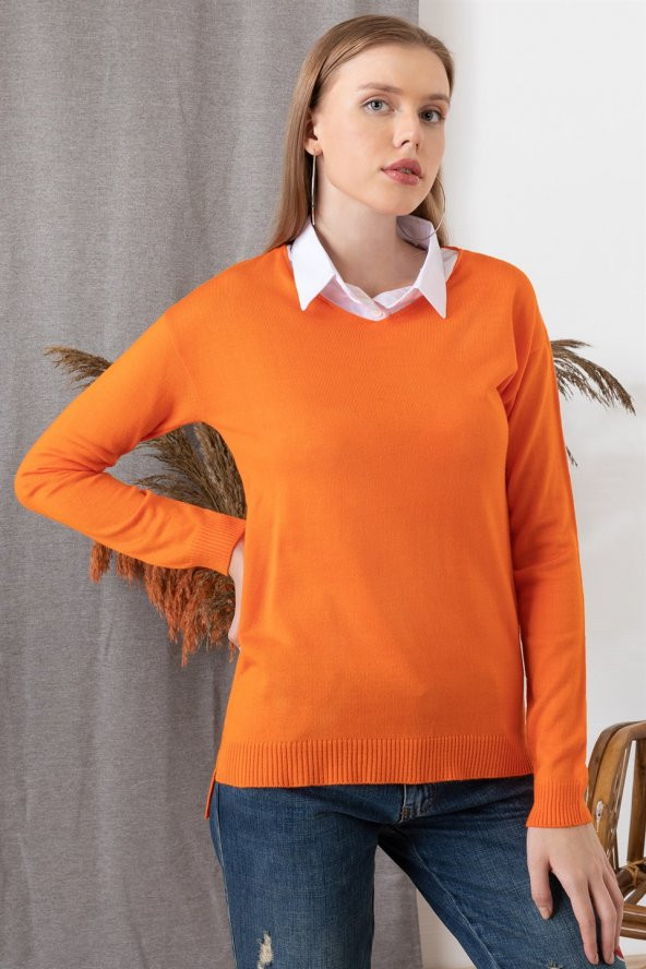 Kadın Turuncu Gömlek Yaka Kazak - 2