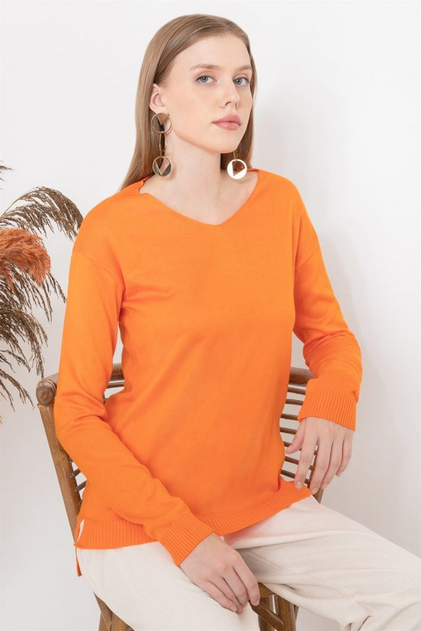 Kadın Turuncu V Yaka Kazak - Resim 3