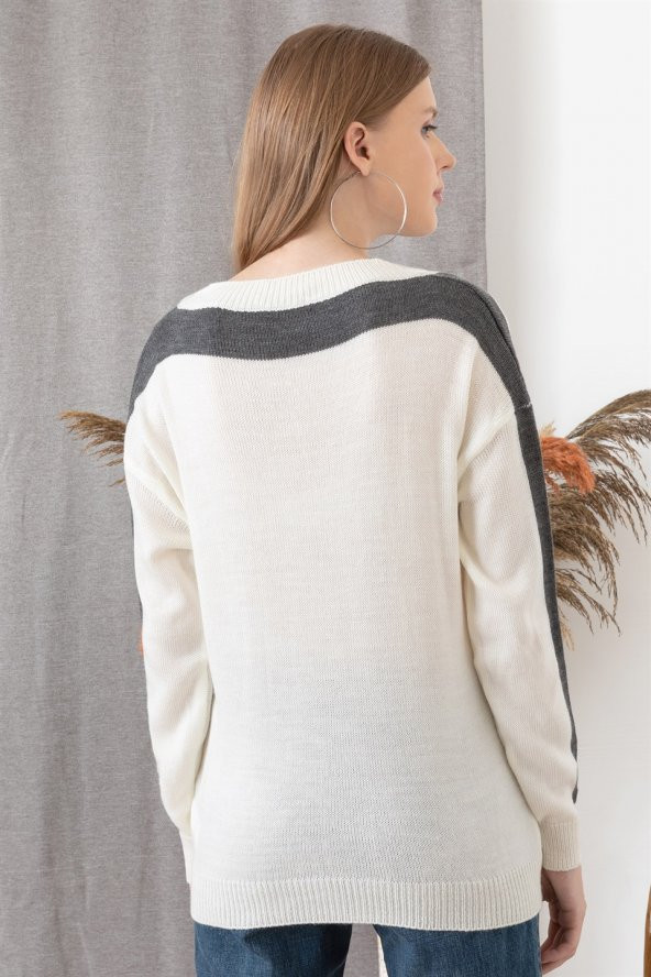 Kadın Beyaz Bisiklet Yaka Kolu Şerit Detaylı Kazak - 4