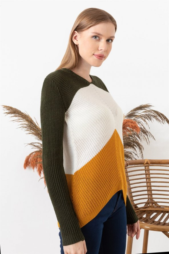 Kadın Haki Renk Bloklu Uzun Kollu Kazak - 3