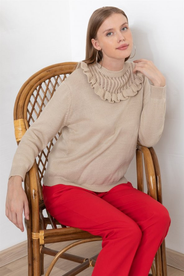 Kadın Taş Rengi Omuz Askı Detaylı Triko Kazak - 2