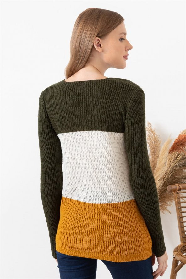 Kadın Haki Renk Bloklu Uzun Kollu Kazak - 4