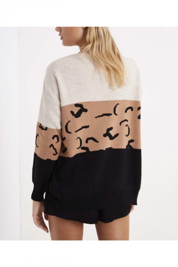 Kadın Üç Blok Ortası Leopar Hırka - 4