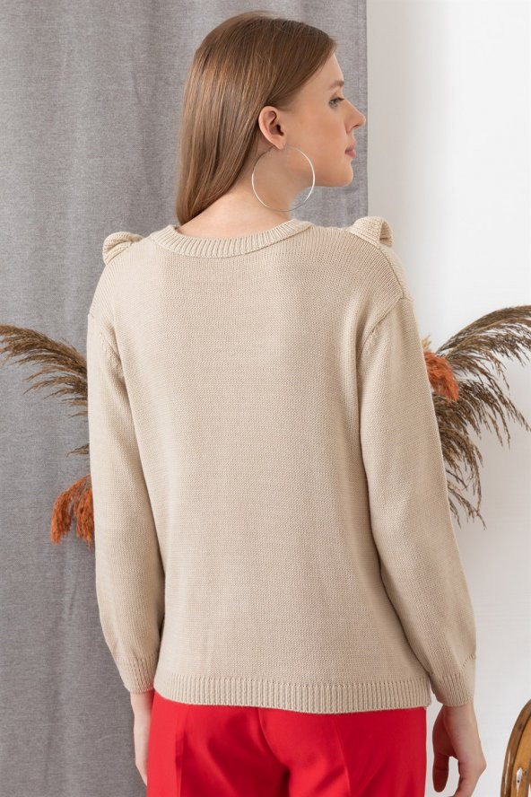 Kadın Taş Rengi Omuz Askı Detaylı Triko Kazak - 3