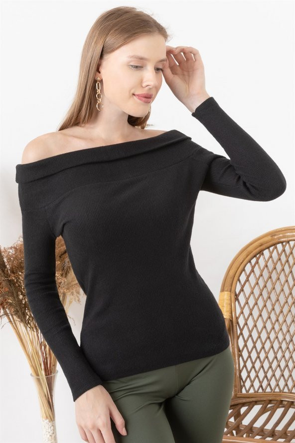 Kadın Siyah  Madonna Yaka Bluz