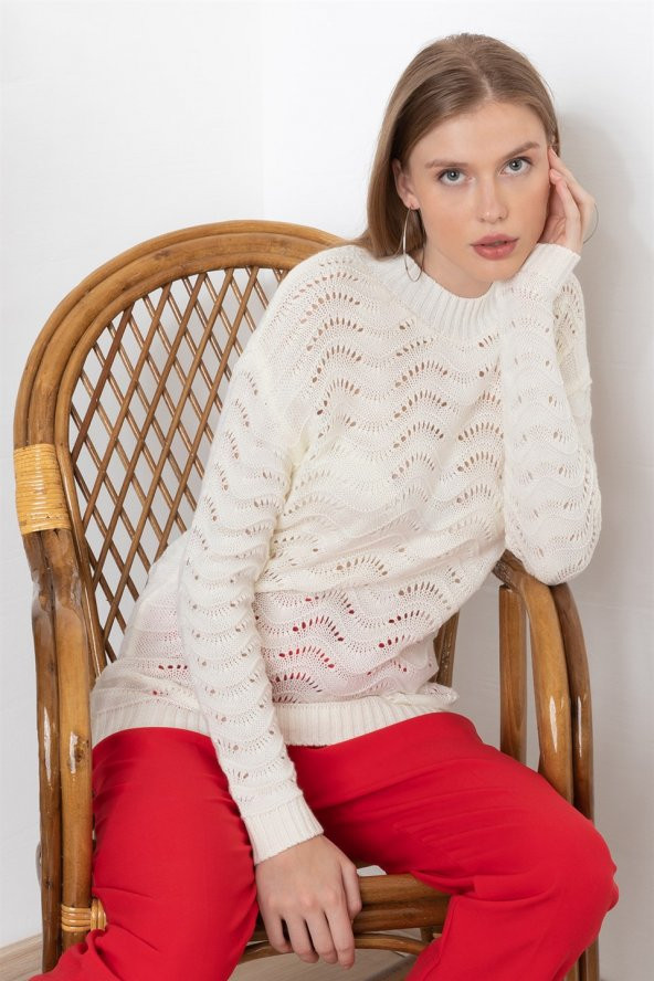 Kadın Ekru Mevsimlik Dalga Ajurlu Kazak - 3