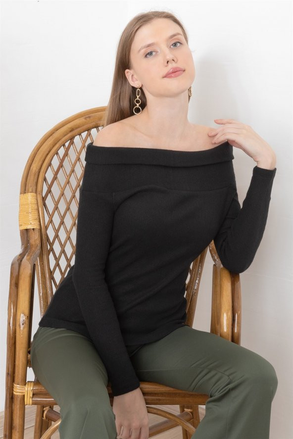 Kadın Siyah  Madonna Yaka Bluz - 3