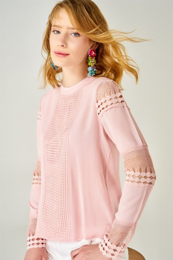 Kadın Kolu Ajurlu Mevsimlik Triko Bluz PUDRA - 3