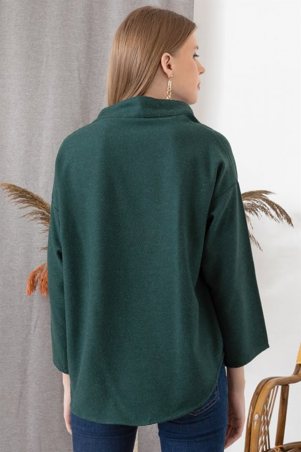 Kadın Yakası Düğme Detaylı Zümrüt Yeşili Bluz - 3