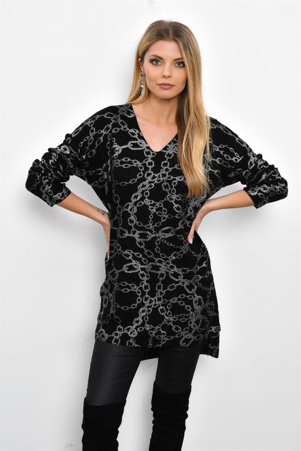 Kadın Zincir Desenli V Yaka Elbise - 2