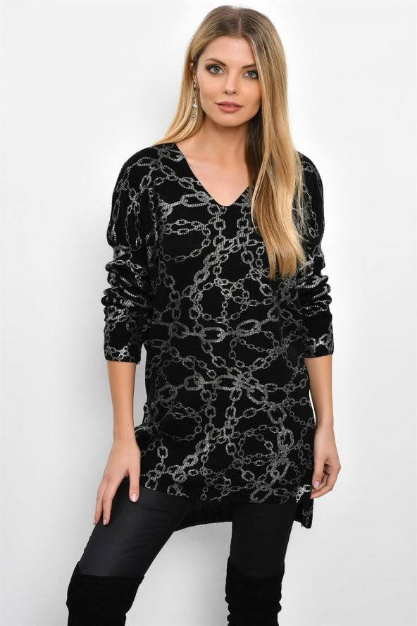 Kadın Zincir Desenli V Yaka Elbise - 3