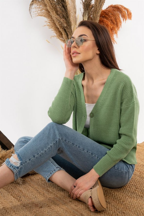 Kadın V Yaka Örme Su Yeşili Hırka - 3