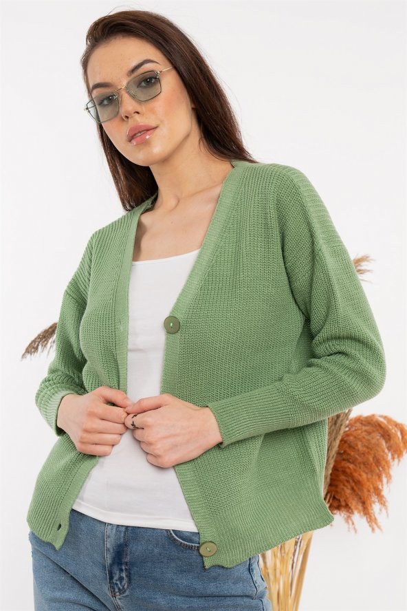 Kadın V Yaka Örme Su Yeşili Hırka - 4