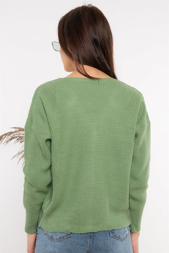 Kadın V Yaka Örme Su Yeşili Hırka - 5