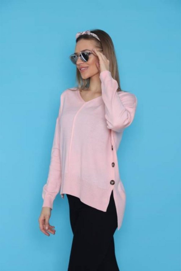 Kadın Yandan Düğmeli V Yaka Pudra Kazak - 2