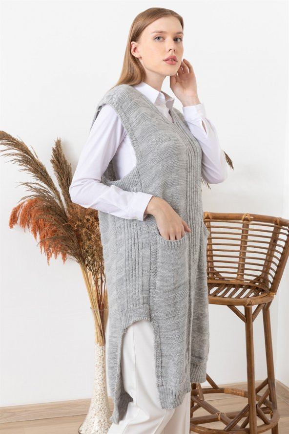 Kadın Gri V Yaka Panço - 2