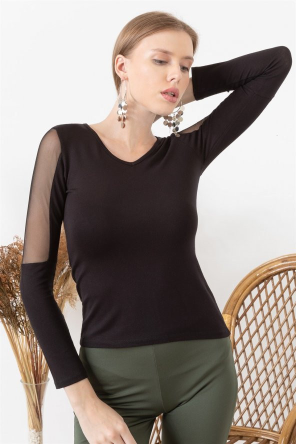 Kadın Kolu Tüllü Yuvarlak Yaka Bluz - 2