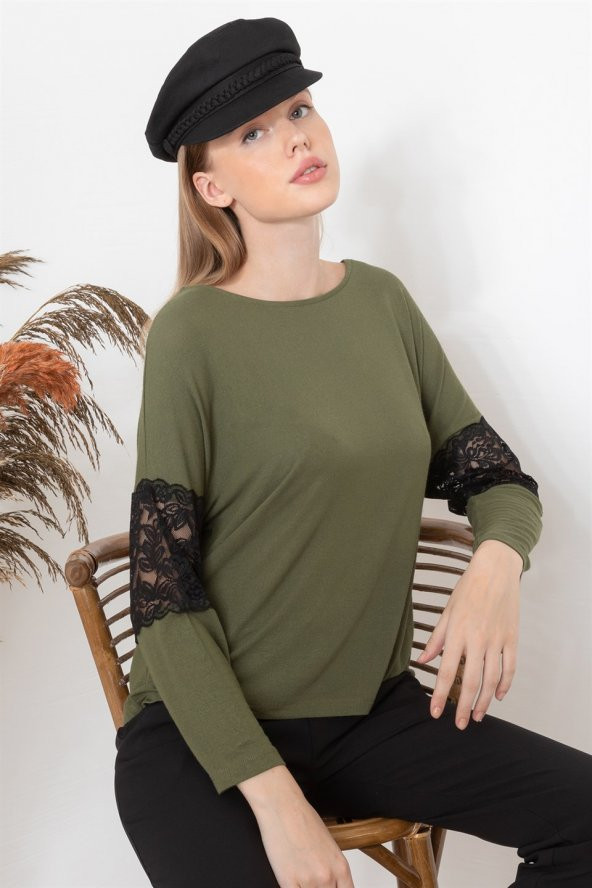Kadın Haki Kolu Dantel Detaylı Bluz - 2