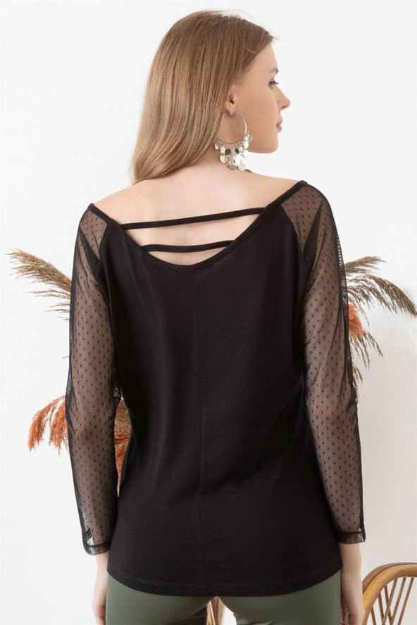 Kadın Siyah Kayık Yaka Kolu Tüllü Bluz - 5