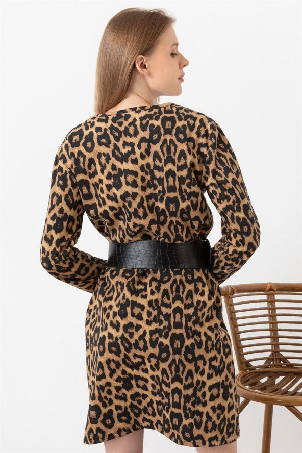 Kadın Leopar Desenli U Yaka Elbise - 3