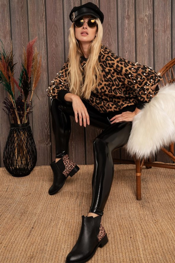 Kadın Kolu Kesik İncili Leopar Desenli Sweatshirt