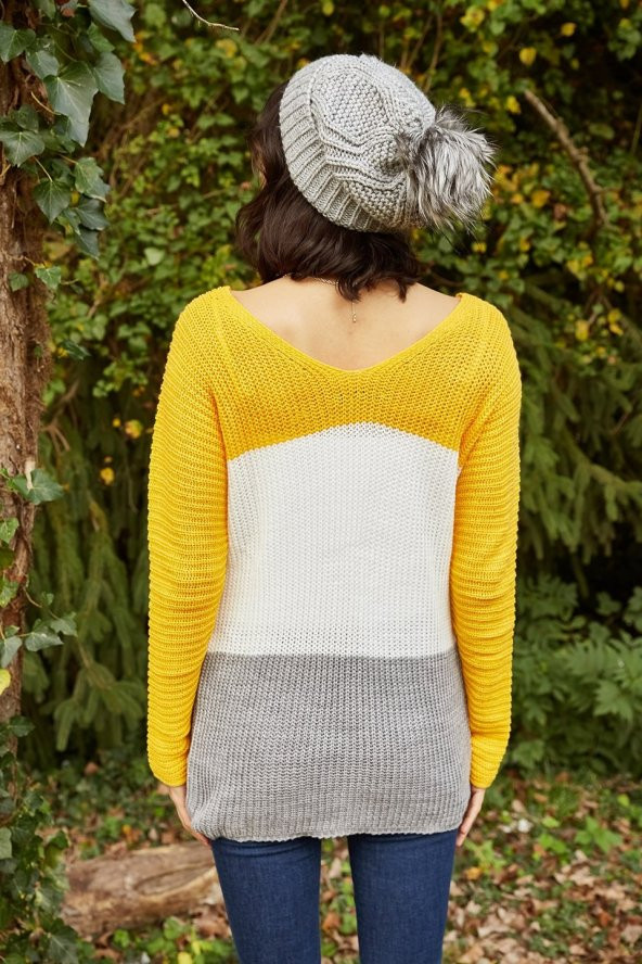 Kadın V Yaka Bloklu Hardal Kazak - 5