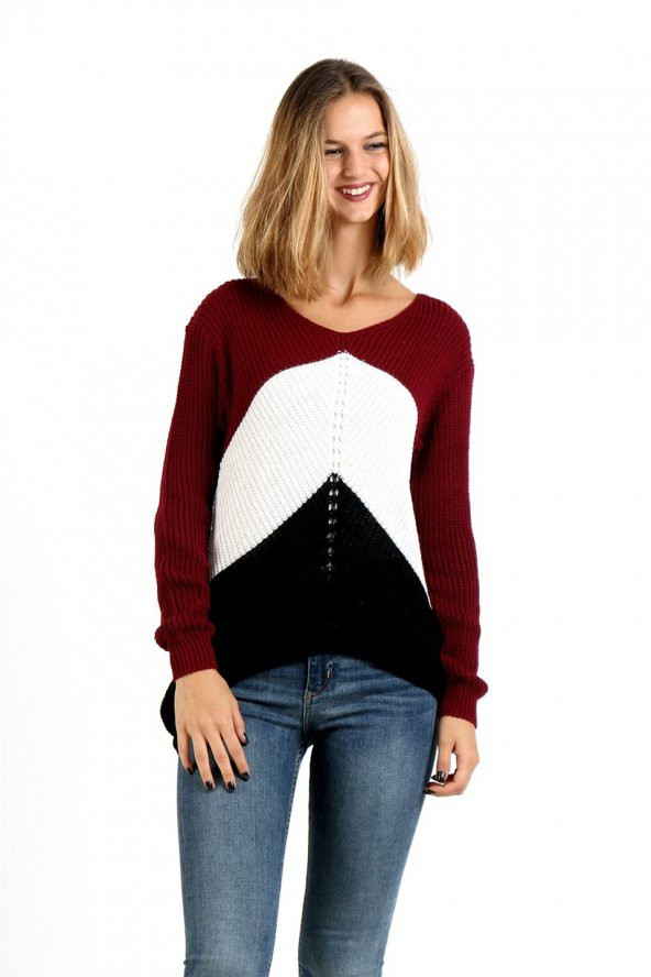 Kadın V Yaka Bloklu Hardal Kazak - 6