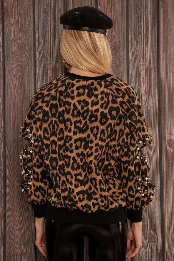 Kadın Kolu Kesik İncili Leopar Desenli Sweatshirt - 4