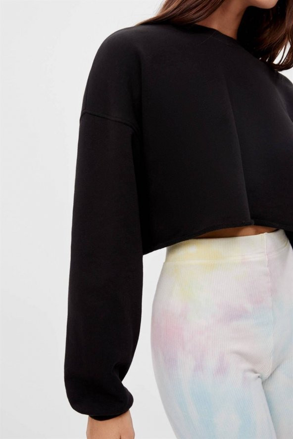 Kadın Uzun Kollu Crop Kesim Siyah Sweatshirt - 3
