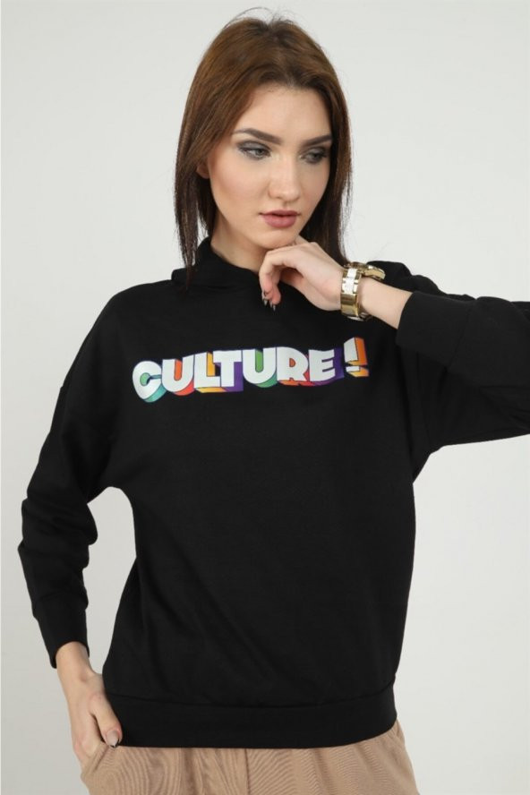 Kadın Culture Yazı Baskılı Siyah Kapüşonlu Sweatshirt