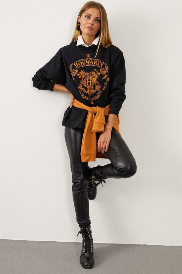 Kadın Hogvarts Yazı Baskılı Siyah Sweatshirt - 2