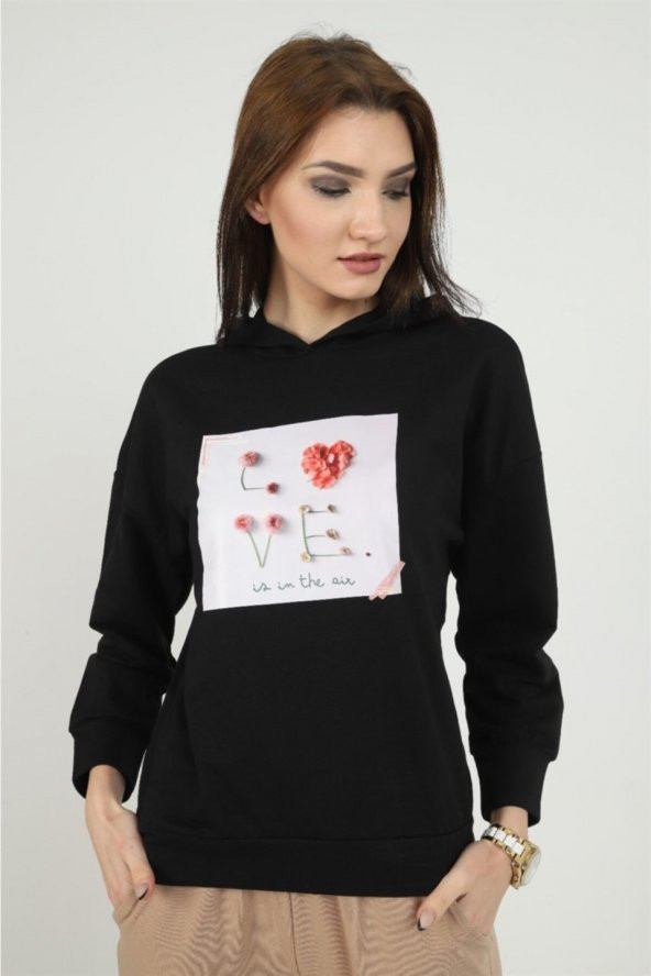 Kadın Önü Love Motifli Siyah Kapüşonlu Sweatshirt
