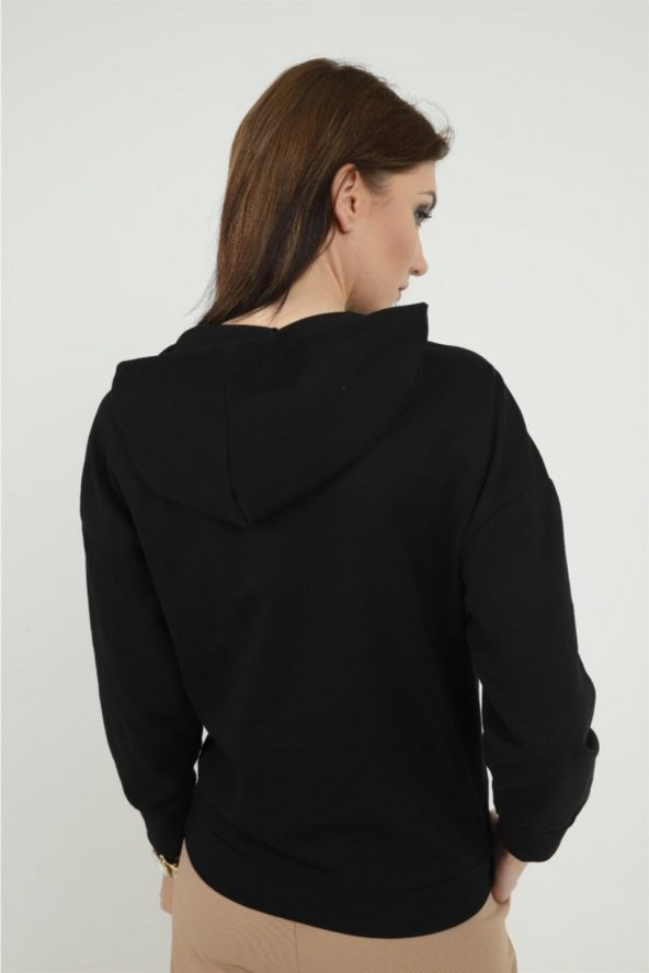 Kadın Önü Dijital Baskılı Siyah Kapüşonlu Sweatshırt - 3