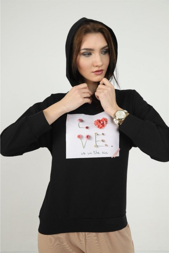 Kadın Önü Love Motifli Siyah Kapüşonlu Sweatshirt - 2
