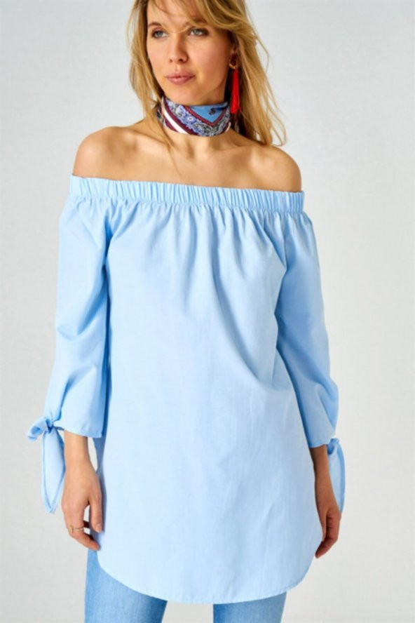 Kadın Omzu Açık Bebe Mavisi Tunik - 2