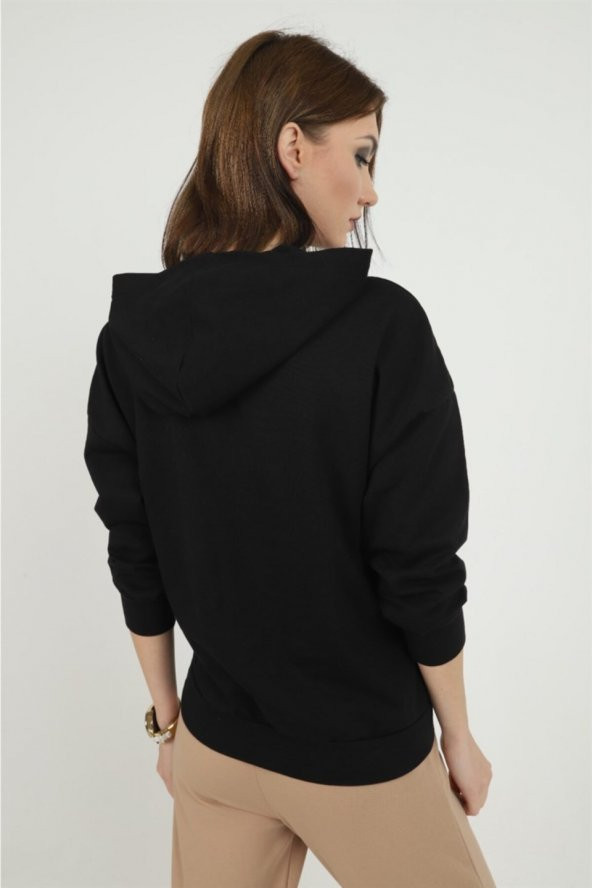 Kadın Culture Yazı Baskılı Siyah Kapüşonlu Sweatshirt - 3