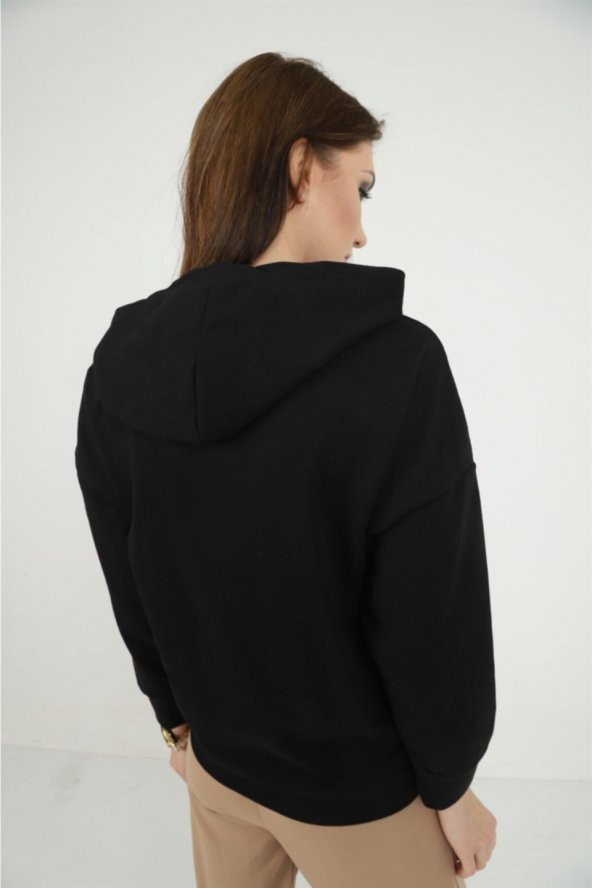 Kadın Önü Love Motifli Siyah Kapüşonlu Sweatshirt - 3