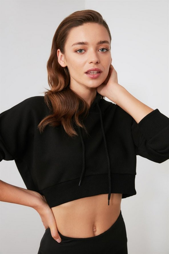 Kadın Uzun Kollu Crop Kesim Siyah Kapüşonlu Sweatshirt - 3