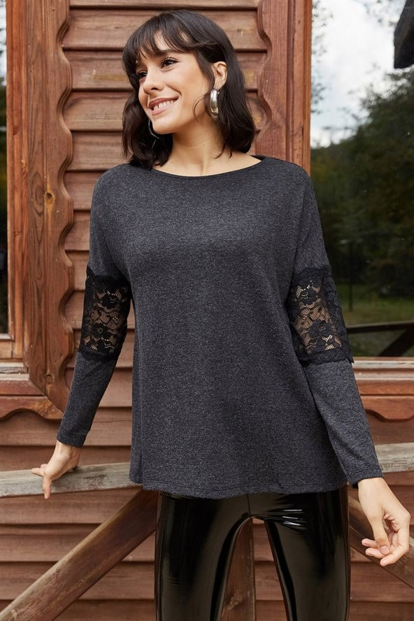 Kadın Kolu Dantel Detaylı Antrasit Bluz