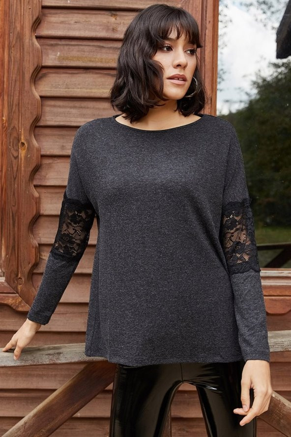 Kadın Kolu Dantel Detaylı Antrasit Bluz - 2