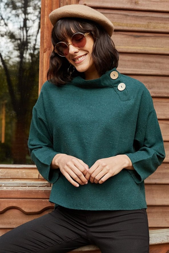 Kadın Yakası Düğme Detaylı Zümrüt Yeşili Bluz - 2