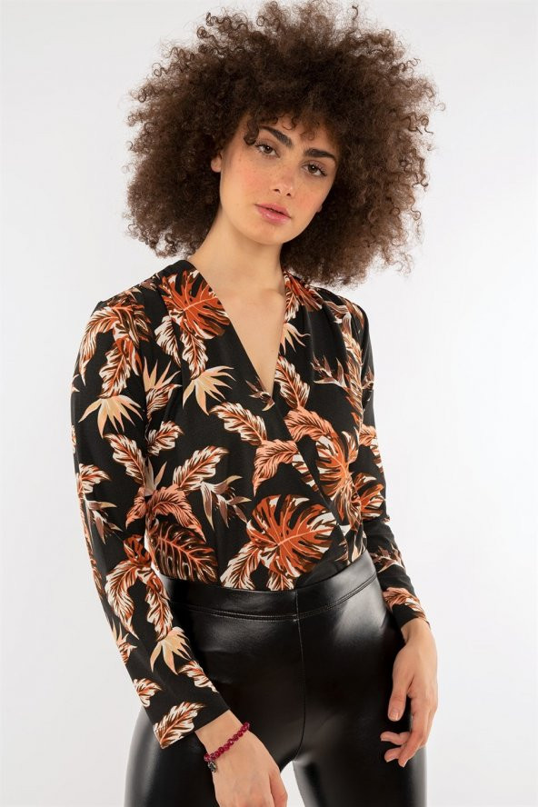 Kadın Palmiye Desenli Baskılı Kruvaze Siyah Bluz - 2