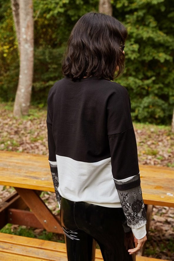 Kadın Kol Ucu Tül Detaylı Siyah Bluz - Resim 5