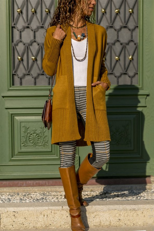 Şerit Bantlı Önü Açık Hardal Hırka