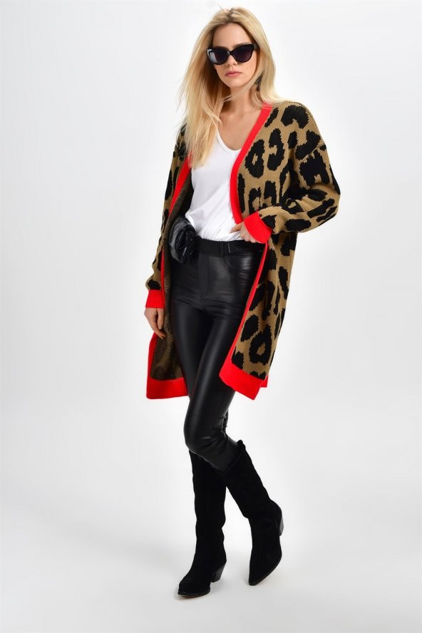 Camel Leopar Desenli Kırmızı Hırka - 2