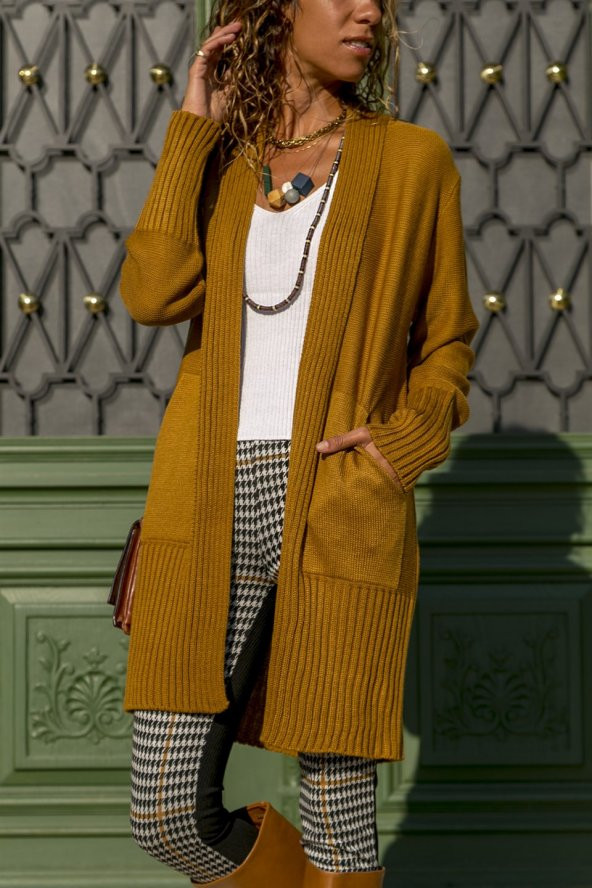 Şerit Bantlı Önü Açık Hardal Hırka - 2