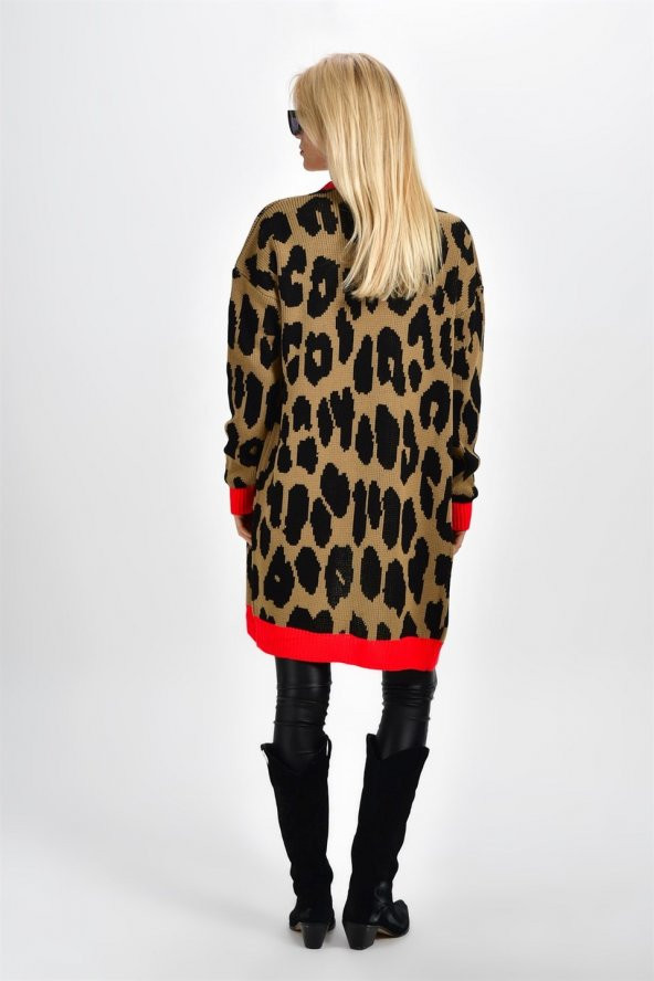 Camel Leopar Desenli Kırmızı Hırka - 3